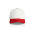 A two-tone cap featuring a white crown and a red peak, complete with a logo on the front.
