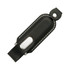 A black leather flash drive holder with white stitching and a silver button closure. It features a smooth, sleek design.