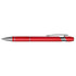 A red metal pen with silver accents and a clip, featuring a textured grip and a branding logo.