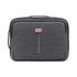 A grey laptop bag featuring a front pocket, a handle, and a branding logo.