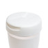 A reusable coffee cup with a flip lid, featuring a white color and a smooth design, includes a logo.