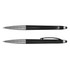 A metallic black stylus pen with silver accents, featuring a textured grip and a clip. It has a logo on the side.