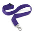 A custom printed lanyard in a vibrant purple color, 20mm wide, featuring a silver metal clip for attaching items.