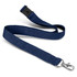 A navy blue soft touch lanyard featuring a metal clasp and a logo.