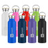 A drink bottle collection featuring various colours: white, pink, green, red, navy, purple, black, and blue, each with a logo.