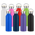 A drink bottle collection featuring various colours, including white, pink, red, green, blue, purple, and black, with metal caps.