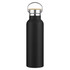 A drink bottle in matte black with a stainless steel cap and a loop for easy carrying.