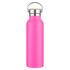A drink bottle in vibrant pink with a silver lid and wooden accent, featuring a logo.
