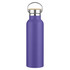 A drink bottle in a vibrant purple hue with a stainless steel top and wooden accent. It features a logo.