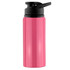 A drink bottle in bright pink with a black lid and spout, featuring a logo.