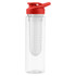 A drink bottle in clear plastic with a red lid and a built-in infuser element. It features a logo.