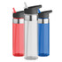 A drink bottle set featuring red, clear, and blue bottles with black lids and integrated straws. Each bottle has a sleek design.