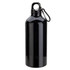 A drink bottle in glossy black with a carabiner attachment and a rounded body, featuring a logo.