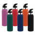 A drink bottle collection featuring six bottles in purple, green, blue, black, orange, and red, with black lids and silver accents.