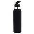A drink bottle in matte black with a silver band near the top and a flip-top spout. Features a logo.