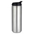 A drink bottle in metallic silver with a black lid and a logo on the body.