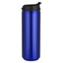 A drink bottle in a sleek blue finish with a black cap and a simple design. It features a logo.