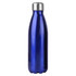 A blue metal drink bottle with a stainless steel lid and a sleek, curved design. It features a logo.