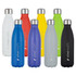 A drink bottle collection featuring stainless steel in various colours including white, blue, green, yellow, grey, black, and purple.