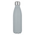 A drink bottle in a matte grey finish with a stainless steel cap and a sleek design. Features a logo.