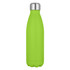 A drink bottle in bright green with a silver cap, featuring a sleek, modern design and a logo.