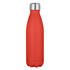 A drink bottle in bright red with a stainless steel cap and a smooth matte finish. It features a logo on the surface.