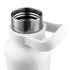 A drink bottle with a white exterior and stainless steel opening, featuring a sturdy handle.