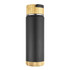 A drink bottle in matte black with a bamboo lid and base, featuring a simple, modern design and a logo.