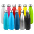 A drink bottle collection featuring shiny stainless steel and colourful single-wall designs, including blue, pink, red, and yellow.