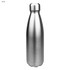 A stainless steel drink bottle with a shiny silver finish and a rounded cap, featuring a logo.