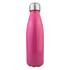 A drink bottle in shiny pink stainless steel with a silver cap and a sleek design. Features a logo.