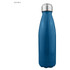 A drink bottle in dark blue stainless steel with a shiny silver lid and a sleek, single-wall design.