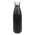 A drink bottle in shiny black stainless steel with a metal cap and an integrated logo.