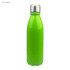 A drink bottle in lime green with a shiny aluminium finish and a silver cap, featuring a logo.