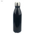 A drink bottle in shiny black aluminium with a stainless steel screw top and a logo.