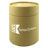 A cylindrical, kraft paper gift tube with a lid, featuring a logo on the front.