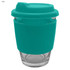A reusable coffee cup in teal with a silicone sleeve and lid, featuring a clear glass base and a logo.