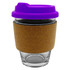 A glass coffee cup with a cork sleeve and a purple lid. It features a logo on the side.