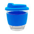 A reusable coffee cup with a glass body and a blue silicone sleeve and lid. It features a logo on the side.