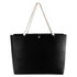 A black tote bag with white rope handles and a button closure. It has a minimalist design.