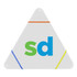 A triangular highlighter featuring blue, green, orange, and yellow colours, with a logo on its surface.