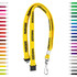 A yellow tubular lanyard with a clip, featuring a logo and surrounded by various colour options.