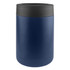 A stainless steel stubby holder in navy blue with a black top, featuring a logo.