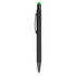 A black stylus pen with a green tip and a clip on the side, featuring a logo.
