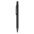 A black stylus pen with a blue tip and a clip for easy attachment. It features a sleek design and a branding logo.