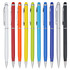 A collection of stylus pens in a variety of colours, including red, orange, yellow, green, blue, and black, with silver accents.