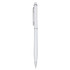 A stylus pen in white with silver detailing and a clip, featuring a smooth, sleek design.