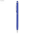 A royal blue stylus pen with a silver clip and tip, featuring a branding logo.