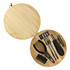 A bamboo toolkit with various tools, including pliers, screwdrivers, and bit attachments, all housed in a circular case.