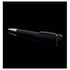 A black USB pen with a soft grip, featuring a silver accent and a logo.